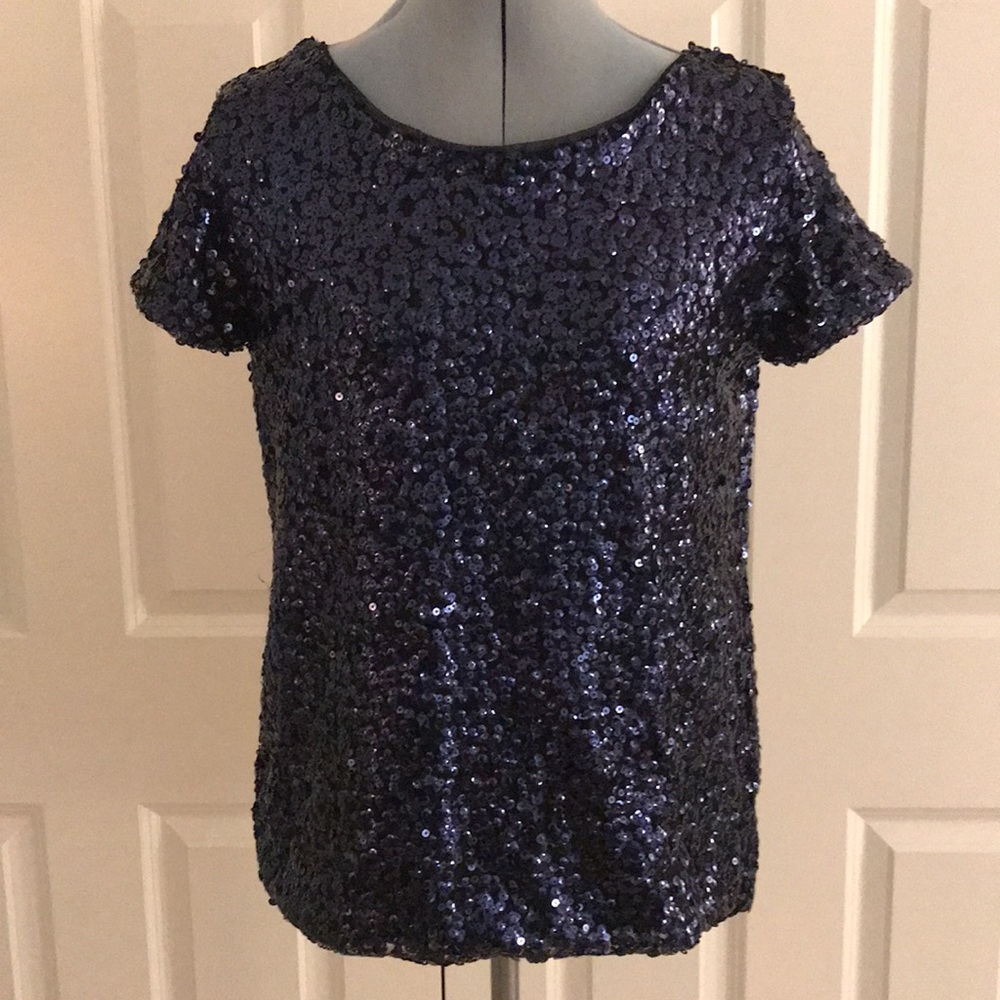 White House Black Market WHBM Navy Blue Sequin Short Sleeve Top Size S